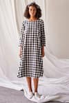 Kharakapas_Black Mul-cotton Checkered Round Happy Space Dress  _Online_at_Aza_Fashions