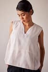 Kharakapas_Off White Cotton Dobby Stripe V Neck Lilly Top  _Online_at_Aza_Fashions