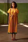 Kharakapas_Yellow Mul-cotton Square Neck Simmering Sunshine Dress  _Online_at_Aza_Fashions