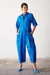 Buy_Kharakapas_Blue Poplin Plain Collared Neck Summer Nights Jumpsuit  _at_Aza_Fashions