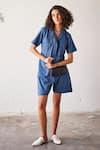 Buy_Kharakapas_Blue Cotton Herringbone Plain Lapel Bubble Gum Half Sleeve Jumpsuit  _at_Aza_Fashions