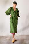 Buy_Kharakapas_Green Mul Cotton Plain V Neck Tree House Dress  _at_Aza_Fashions