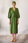 Kharakapas_Green Mul Cotton Plain V Neck Tree House Dress  _Online_at_Aza_Fashions