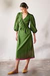 Buy_Kharakapas_Green Mul Cotton Plain V Neck Tree House Dress  _Online_at_Aza_Fashions