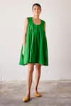 Kharakapas_Green Cotton Poplin Plain U Neck Kiwi Sleeveless Solid Dress  _Online_at_Aza_Fashions