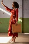 Buy_Kharakapas_Red Mul Cotton Printed Floral Lino Lapel Golden Hour Dress  _Online_at_Aza_Fashions