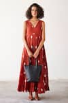 Buy_Kharakapas_Red Mul Cotton Tie-dyed Shibori Pattern V Neck Earthen Hues Tiered Dress _at_Aza_Fashions