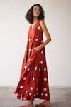 Buy_Kharakapas_Red Mul Cotton Tie-dyed Shibori Pattern V Neck Earthen Hues Tiered Dress _Online_at_Aza_Fashions