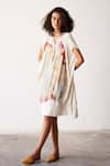 Buy_Kharakapas_Off White Mul Cotton Printed Art V Neck Sea Shells Dress  _at_Aza_Fashions