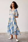 Buy_Kharakapas_Blue Cotton Checkered Pattern Surplice Neck Summer Break Wrap Dress  _at_Aza_Fashions