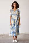 Buy_Kharakapas_Blue Cotton Checkered Pattern Surplice Neck Summer Break Wrap Dress  _Online_at_Aza_Fashions