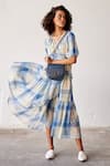 Kharakapas_Blue Cotton Checkered Pattern Surplice Neck Summer Break Wrap Dress  _at_Aza_Fashions