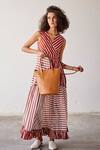 Kharakapas_Red Mul Cotton Printed Stripe V Neck Pool Party Tiered Dress  _Online_at_Aza_Fashions