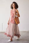 Buy_Kharakapas_Red Mul Cotton Printed Stripe V Neck Pool Party Tiered Dress  _Online_at_Aza_Fashions