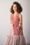 Kharakapas_Red Mul Cotton Printed Stripe V Neck Pool Party Tiered Dress _at_Aza_Fashions