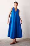 Buy_Kharakapas_Blue Poplin Plain V Neck Clear Skies Dress  _at_Aza_Fashions