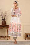 BAIRAAS_Ivory Mul Cotton Printed Block Notched Floral Anarkali Pant Set _at_Aza_Fashions