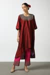 Buy_Latha Puttanna_Maroon Raw Silk Embroidery Glass Bead Round Neckline Tunic _at_Aza_Fashions