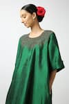 LATHA PUTTANNA_Green Raw Silk Embroidery Glass Bead Round Tunic _at_Aza_Fashions