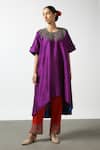 Buy_LATHA PUTTANNA_Purple Raw Silk Embroidery Glass Bead Round Neckline Tunic _at_Aza_Fashions