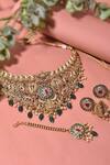 Shop_Swabhimann_Green Embellished Floral Pattern Temple Choker Set_at_Aza_Fashions