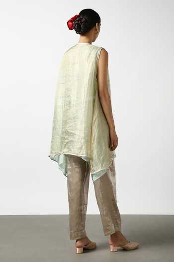 Shop_LATHA PUTTANNA_Blue Silk Tissue Embroidery Gota Keyhole Sleeveless Stripe Kurta And Pant Set _at_Aza_Fashions