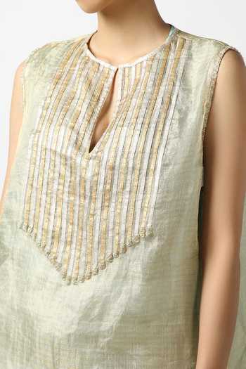 Buy_LATHA PUTTANNA_Blue Silk Tissue Embroidery Gota Keyhole Sleeveless Stripe Kurta And Pant Set _Online_at_Aza_Fashions