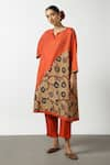 Buy_Latha Puttanna_Orange Two Tone Silk Embroidered Applique Notched Straight Kurta And Pant Set _at_Aza_Fashions