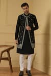 Buy_Hilo Design_Black Dupion Silk Embroidered Thread Deseo Bundi Kurta Set _at_Aza_Fashions