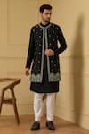 Shop_Hilo Design_Black Dupion Silk Embroidered Thread Deseo Bundi Kurta Set _at_Aza_Fashions