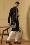 Shop_Hilo Design_Black Dupion Silk Embroidered Thread Deseo Bundi Kurta Set _Online_at_Aza_Fashions