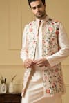 Buy_Hilo Design_Off White Semi Raw Silk Embroidered Thread Divino Floral Bundi Kurta Set _Online_at_Aza_Fashions