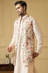 Shop_Hilo Design_Off White Semi Raw Silk Embroidered Thread Divino Floral Bundi Kurta Set _Online_at_Aza_Fashions