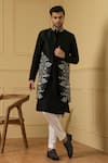 Buy_Hilo Design_Black Dupion Silk Embroidered Zari Alegre Floral Bundi Kurta Set _at_Aza_Fashions