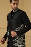 Hilo Design_Black Dupion Silk Embroidered Zari Alegre Floral Bundi Kurta Set _at_Aza_Fashions