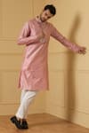 Shop_Hilo Design_Pink Dupion Silk Hand Embroidered Mirror And Elegencia Placement Kurta Set _at_Aza_Fashions