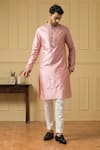 Hilo Design_Pink Dupion Silk Hand Embroidered Mirror And Elegencia Placement Kurta Set _Online_at_Aza_Fashions