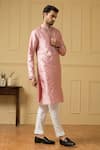 Hilo Design_Pink Dupion Silk Hand Embroidered Mirror And Elegencia Placement Kurta Set _at_Aza_Fashions