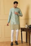 Buy_Hilo Design_Blue Silk, Cotton Embroidery Aura Zari Kurta Set _at_Aza_Fashions