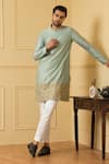 Hilo Design_Blue Silk, Cotton Embroidery Aura Zari Kurta Set _Online_at_Aza_Fashions
