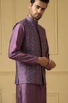 Hilo Design_Purple Semi Raw Silk Hand Embroidered Thread And Zari Work Sombra Bundi Kurta Set _at_Aza_Fashions