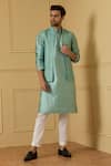 Buy_Hilo Design_Blue Semi Raw Silk Hand Embroidered Thread And Zari Celeste Open Bundi Kurta Set 