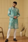 Buy_Hilo Design_Blue Dupion Silk Hand Embroidered Cut Dana And Thread Work Marino Sherwani _at_Aza_Fashions