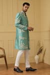 Hilo Design_Blue Dupion Silk Hand Embroidered Cut Dana And Thread Work Marino Sherwani _at_Aza_Fashions