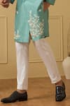 Buy_Hilo Design_Blue Dupion Silk Hand Embroidered Cut Dana And Thread Work Marino Sherwani Set _Online_at_Aza_Fashions