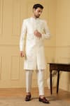 Buy_Hilo Design_White Dupion Silk Hand Embroidered Pearl Crema Zardozi Sherwani _at_Aza_Fashions