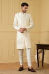 Shop_Hilo Design_White Dupion Silk Hand Embroidered Pearl Crema Zardozi Sherwani _at_Aza_Fashions