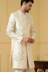 Shop_Hilo Design_White Dupion Silk Hand Embroidered Pearl Crema Zardozi Sherwani _Online_at_Aza_Fashions