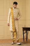 Shop_Hilo Design_Gold Dupion Silk Hand Embroidered Zardozi Work Esplendor Sherwani _at_Aza_Fashions