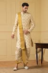 Hilo Design_Gold Dupion Silk Hand Embroidered Zardozi Work Esplendor Sherwani _Online_at_Aza_Fashions